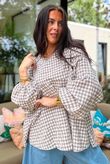 Nonni Gingham Bell Sleeve Peasant Blouse Mocha